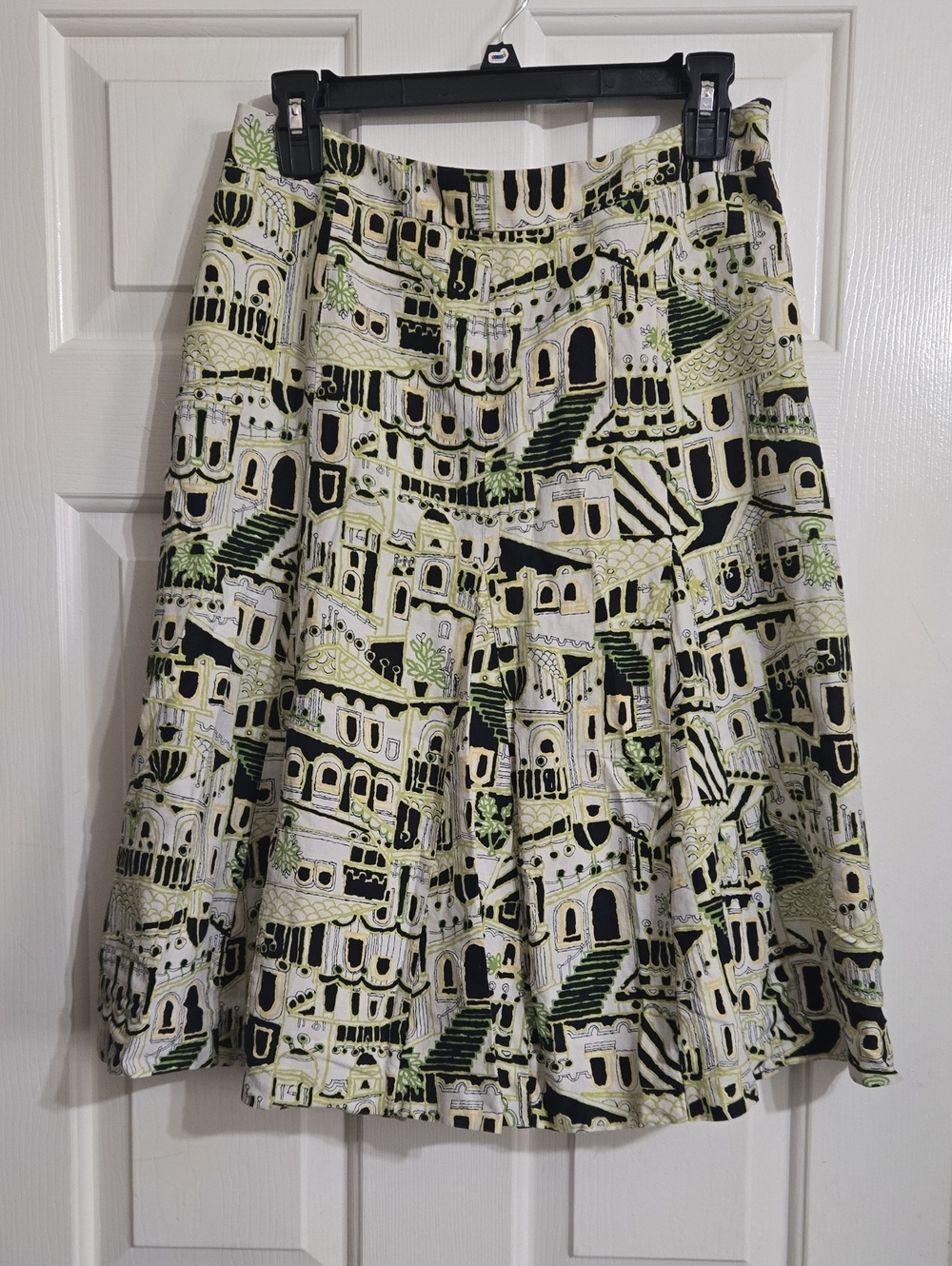 Jones New York Black, White & Lime Architectural Print Skater Skirt Silk/Linen